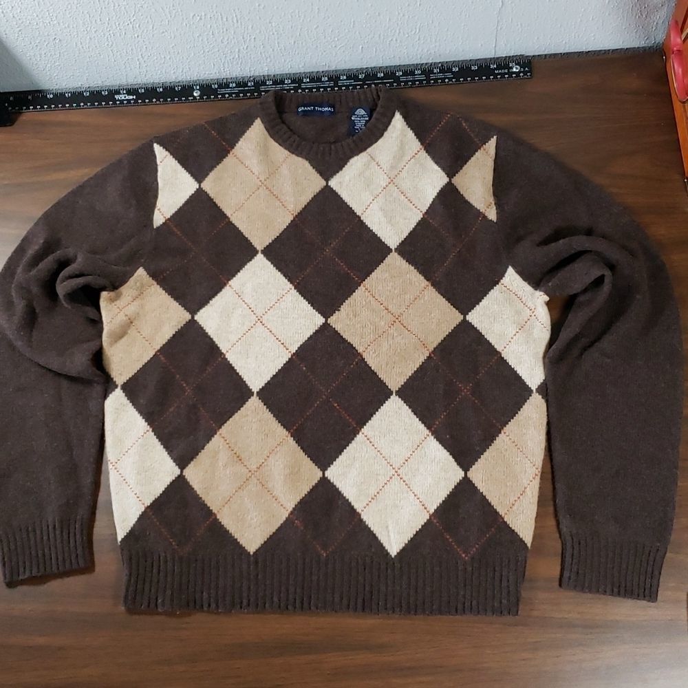 Grant Thomas Super Soft 100%‎ Wool Argyle Crew Neck Sweater L